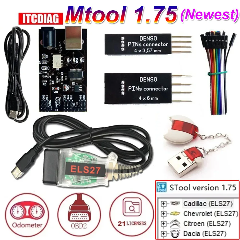 

MTool V1.75 Software Mileage Correction Adjustment Tool Full Set Dongle + Denso Adapter + Denso Pin Connector Cable ELS27 Cable