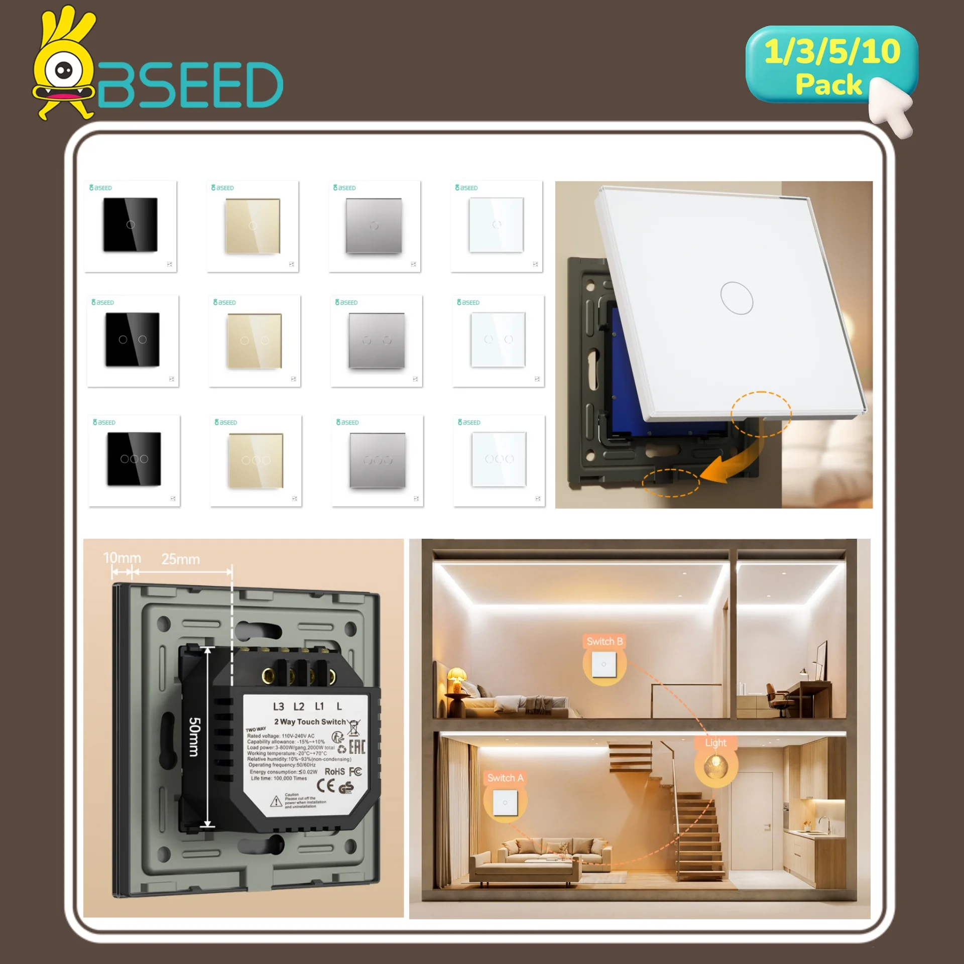 BSEED Touch Light Switch 1/2/3Gang Wall Stair Switches Crystal Panel Dark Blue Backlight Touch Sensor Wall Switches Home 2Way