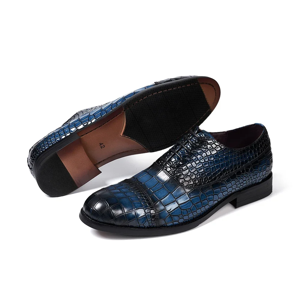 Zapatos Oxford de cuero genuino de lujo para hombre, puntera con patrón de cocodrilo, estampado de serpiente, con cordones, para oficina, boda, fiesta