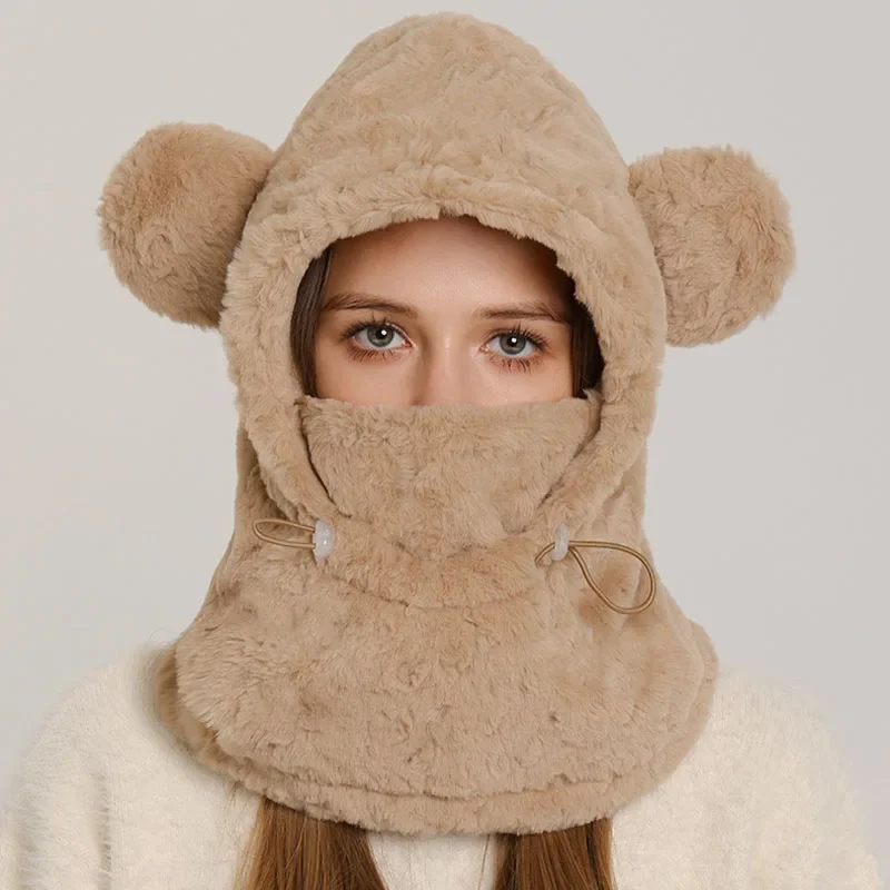 Gorro grueso de felpa cálido para invierno, conjuntos de máscaras y bufanda para mujer, gorro con orejas de oso Kawaii, gorro con protección para los oídos, sombrero bombín para bicicleta a prueba de viento