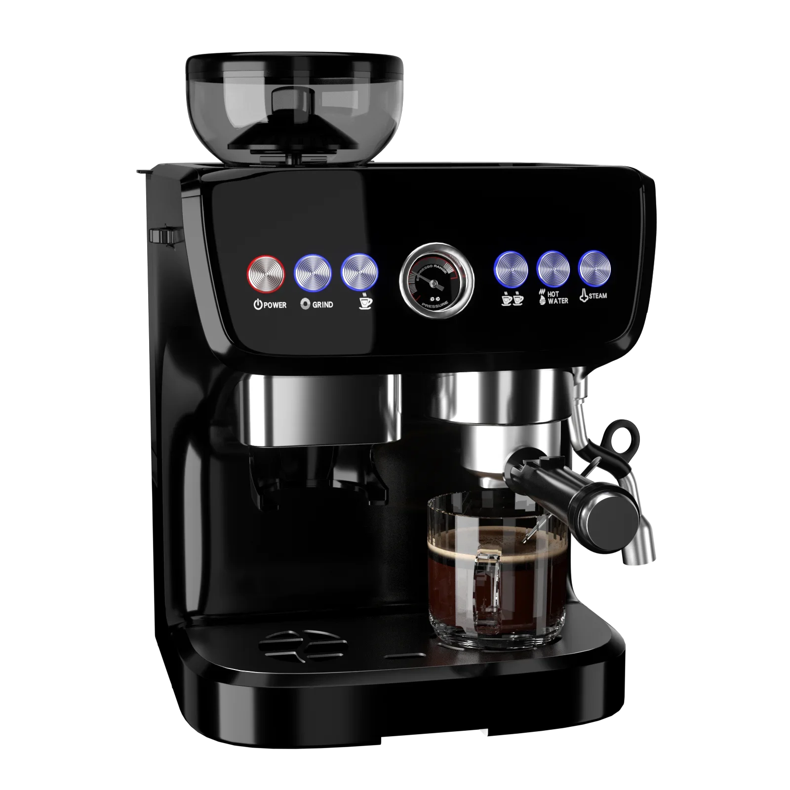 hot black fully automatic electric 15 bar 2L transparent water tank milk bubble espresso with grinder smart coffee makers