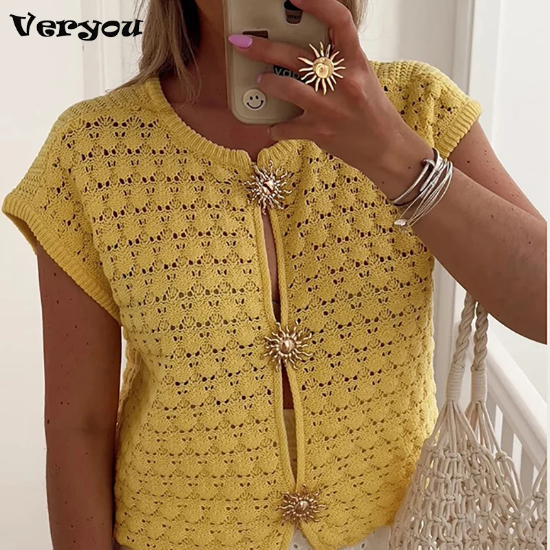 

Summer Knitted Sweater Shirt Women Elegant Round Neck Hollow Short Sleeved Cardigan Tops Retro Women Fashion T-Shirt Button Tops