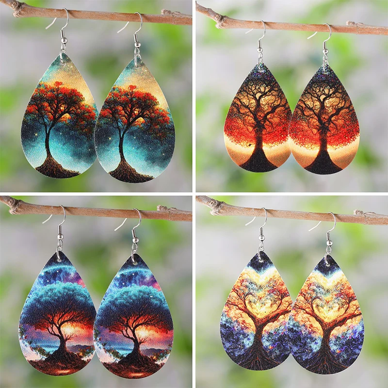 New Love Life Tree Water Drop Earrings Landscape Tree Colorful Double sided Printing Creative PU Leather Earrings Gift