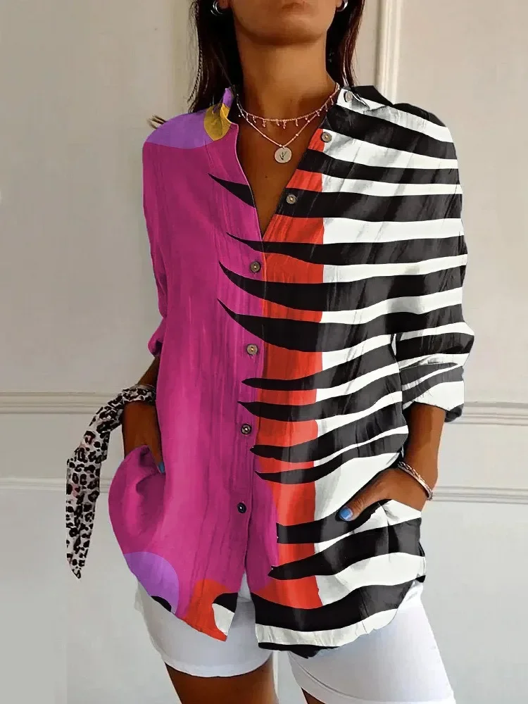 Francja Moda Śliczny wzór Kontrastowy kolor Bluzka z długim rękawem Zapinane na guziki Koszule Luźne Casualowe Kobiety Wiosna Lato Długa koszula Y2K
