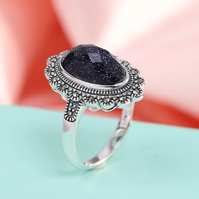 Genuine S925 Sterling Silver Charms Rings for Women New Fashion Flowers Tangent Plane Sandstone Marcasite Jewelry Wholesale