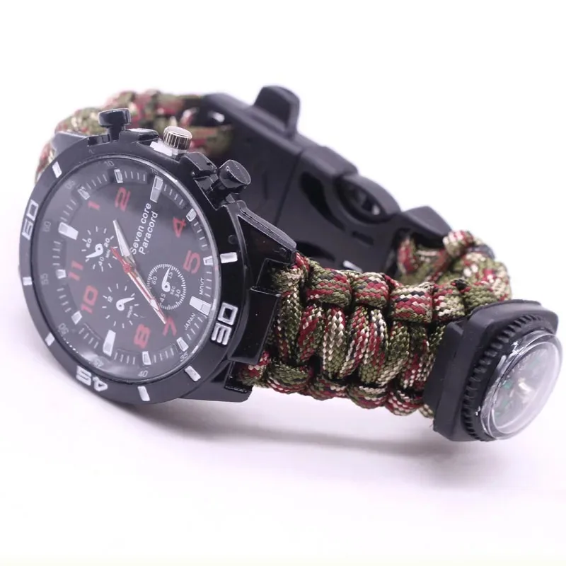 Multifunctional Outdoor Watch Umbrella Rope Weaving Bracelet with Flint Compass Survival Kit Seven Core Design for Adventure