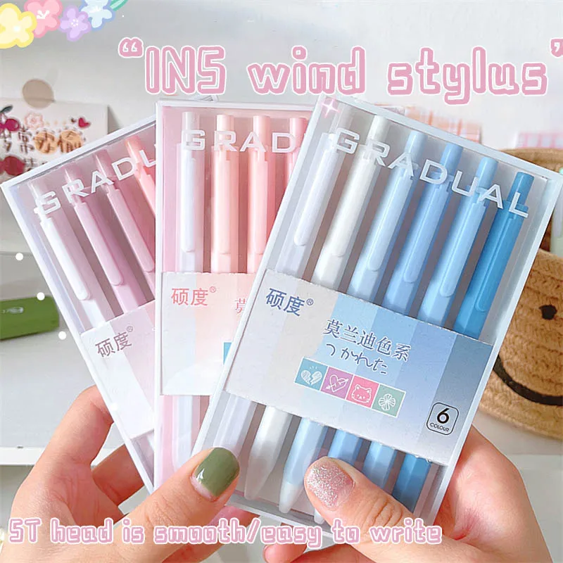 

6pcs/set Morandi Ress Gel Pen St Nib 0.5mm Black Neutral Pen Stationery Office Student School Supplies Roller Ball Pen Wholesale