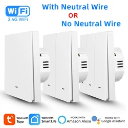 Tuya Smart WiFi Light Switch Push Button No Neutral Wire/With Neutral Wire Switch Smart Life App Control Alexa Google Home Alice