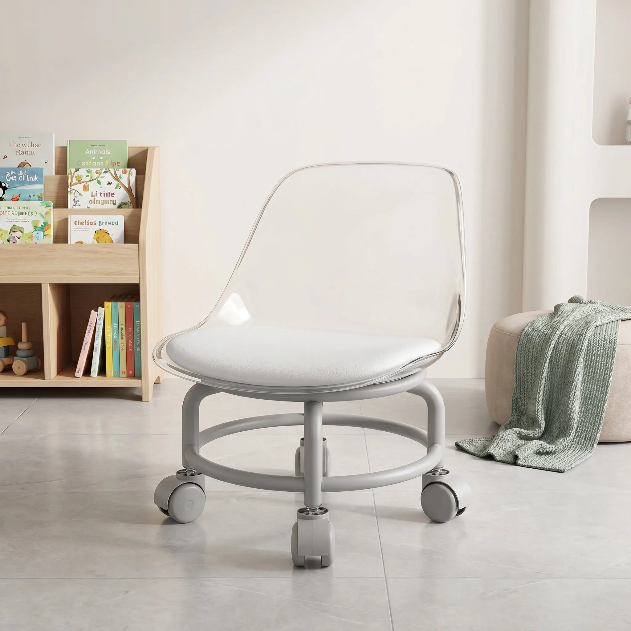Kids Silent Rolling Stool Low Height Plastic Child Stool Chair Smooth Sliding Quiet Casters Reading Drawing Activity Seat