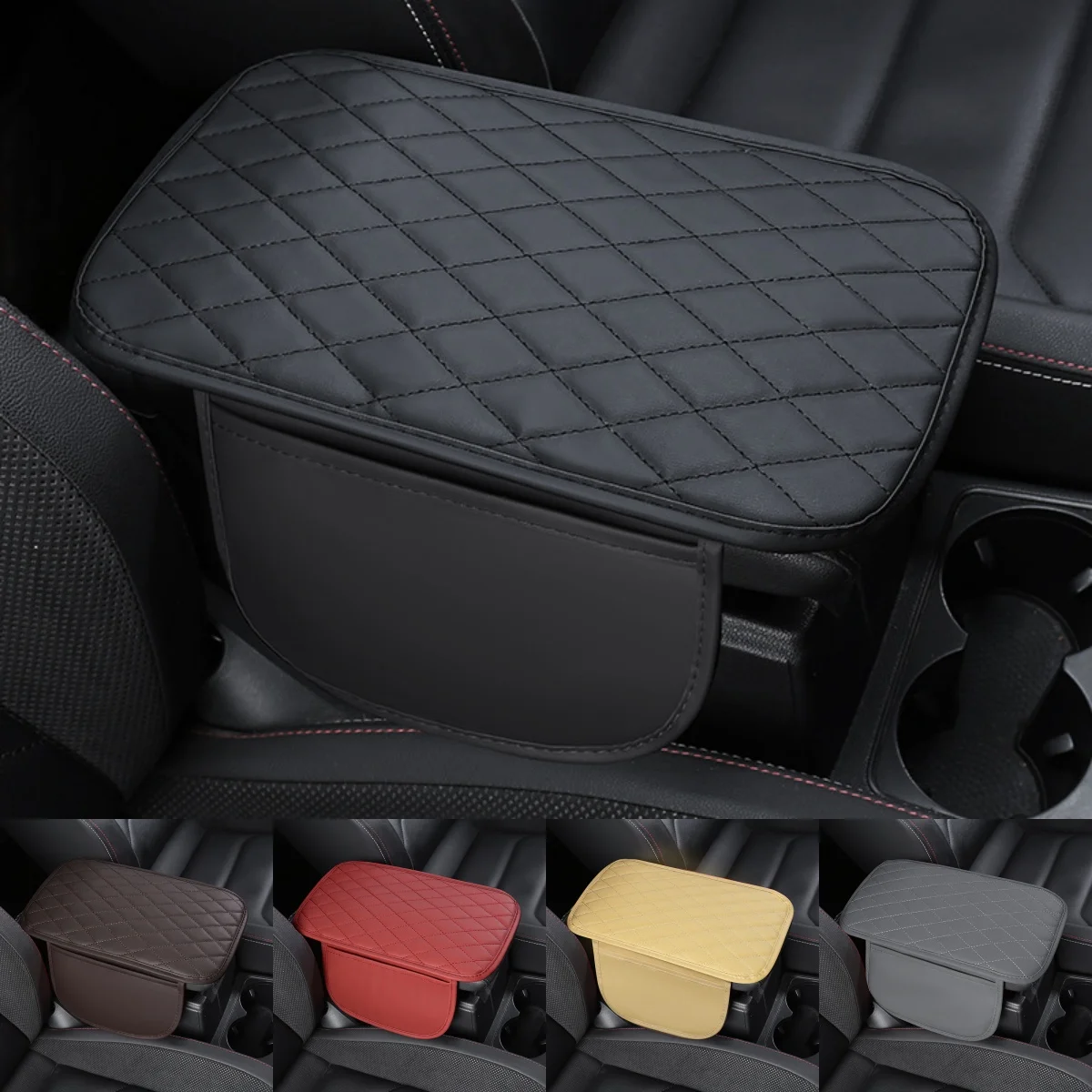 PU Leather Car Armrest Storage Pad, Dual-Pocket Design, Available in Multiple Colors, High Quality and Easy to Install