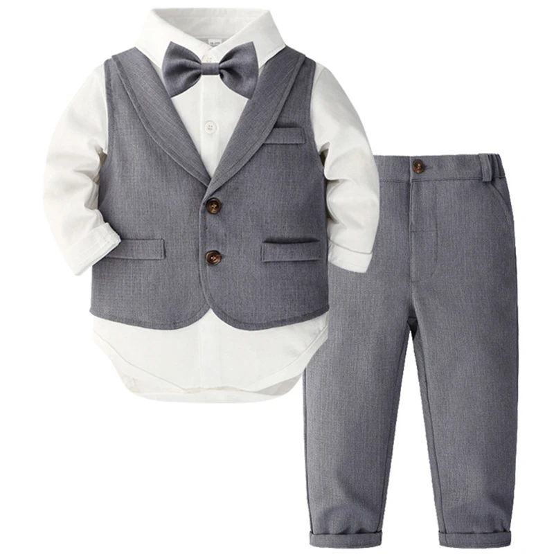 Conjunto de 4 piezas para niño pequeño, traje de Caballero de moda coreana, Body de manga larga, chaleco, pantalones y corbata, ropa de lujo para