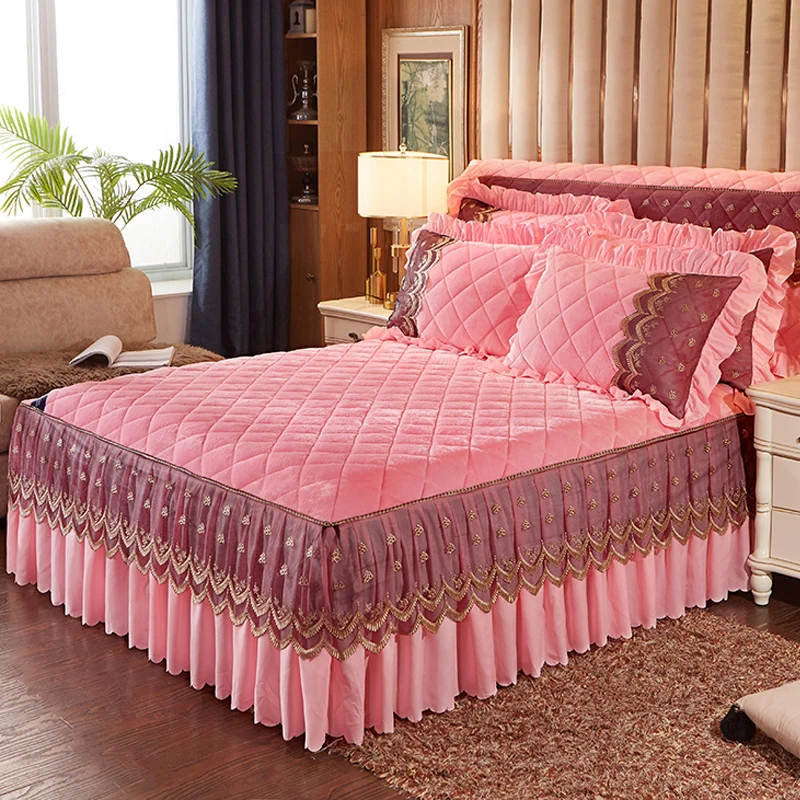 Warm thickened velvet bed skirt single removable lace cotton bedspread non-slip Simmons protective cover bed sheet