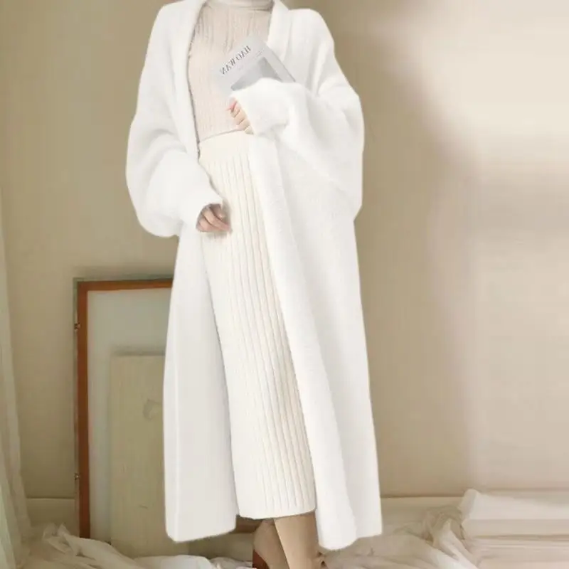 white Long Cardigan for women winter clothes Knitted fluffy long sleeve Cashmere sweater coat  style warm vintage