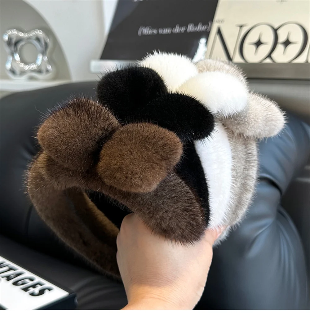Cute Mink Fur Bow Headband For Women Solid Color Top Knotted Natural Fur Bow Hair Band Bowkont Hair Hoop Hair Girls Accessories