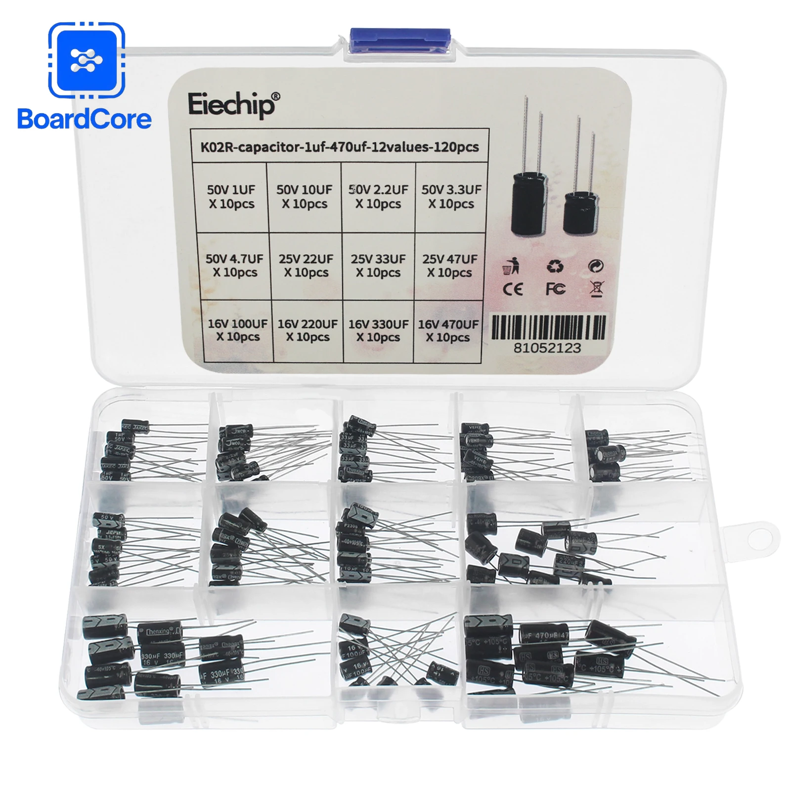 120-teiliges Aluminium-Elektrolytkondensator-Set mit 12 Werten, 16 V/25 V/50 V, 1 uF-470 uF, DIP, radial, für Elektronik-Reparatur-DIY-Projekte