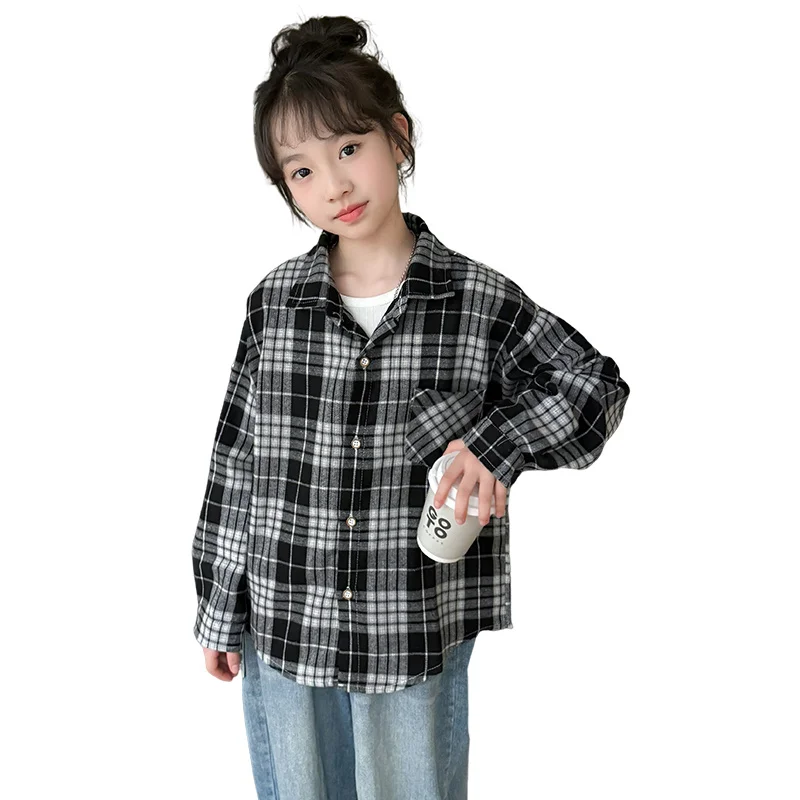 

Spring Autumn Girls Black Plaid Shirt Comfort Fashion Teen Kids Tops Clothes Casual Long Sleeve Children Blouse 5 to 14 Years