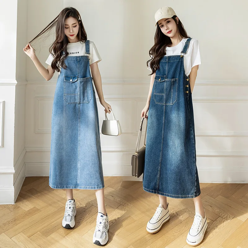 

Women Denim Dresses Spring Summer Loose Casual Jean Suspender Strap Dress Large Size Versatile Mid Length Female Vestido