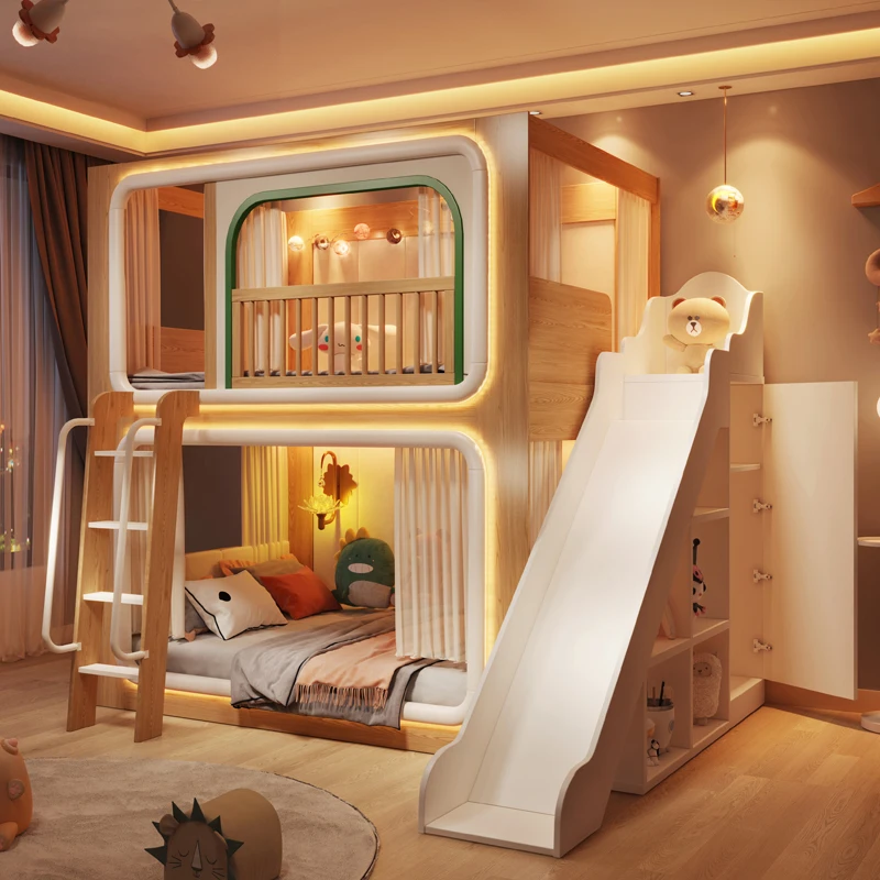 Loft Double Decker Kids Beds Wooden Guardrail Design Playpen Children Beds Slide Modern Style Camas Infantiles Furniture Home