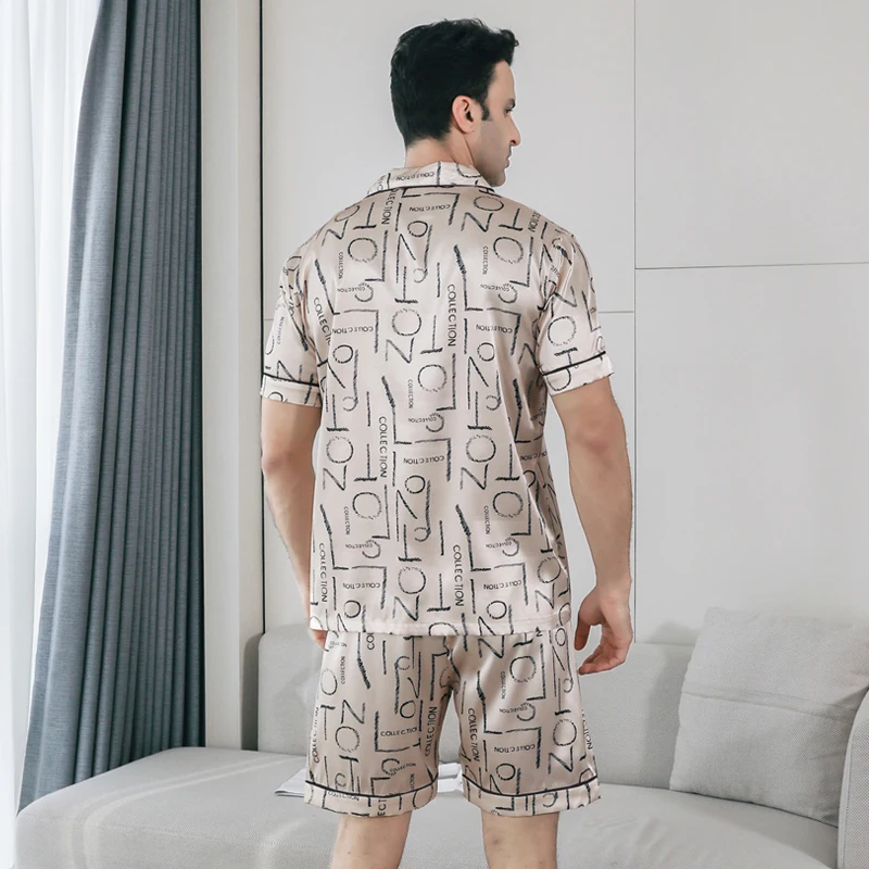 2-piece pajama men\'s summer short sleeved shorts with ice silk thin letter print lapel cardigan sleepwear home suit