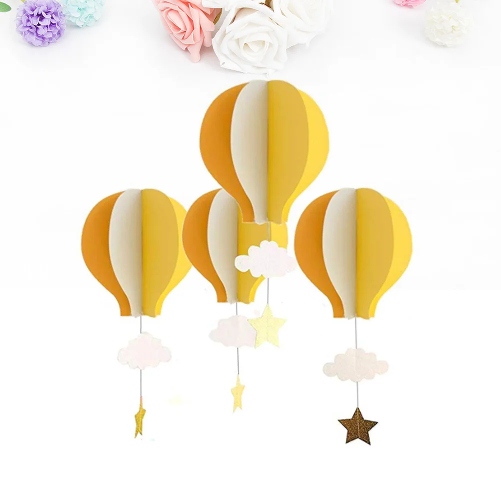 4pcs 3D Paper Pendant Hot Air Balloons Clouds Stars Hanging Ornaments for Home Decor (Light Blue Sky Blue and Beige)