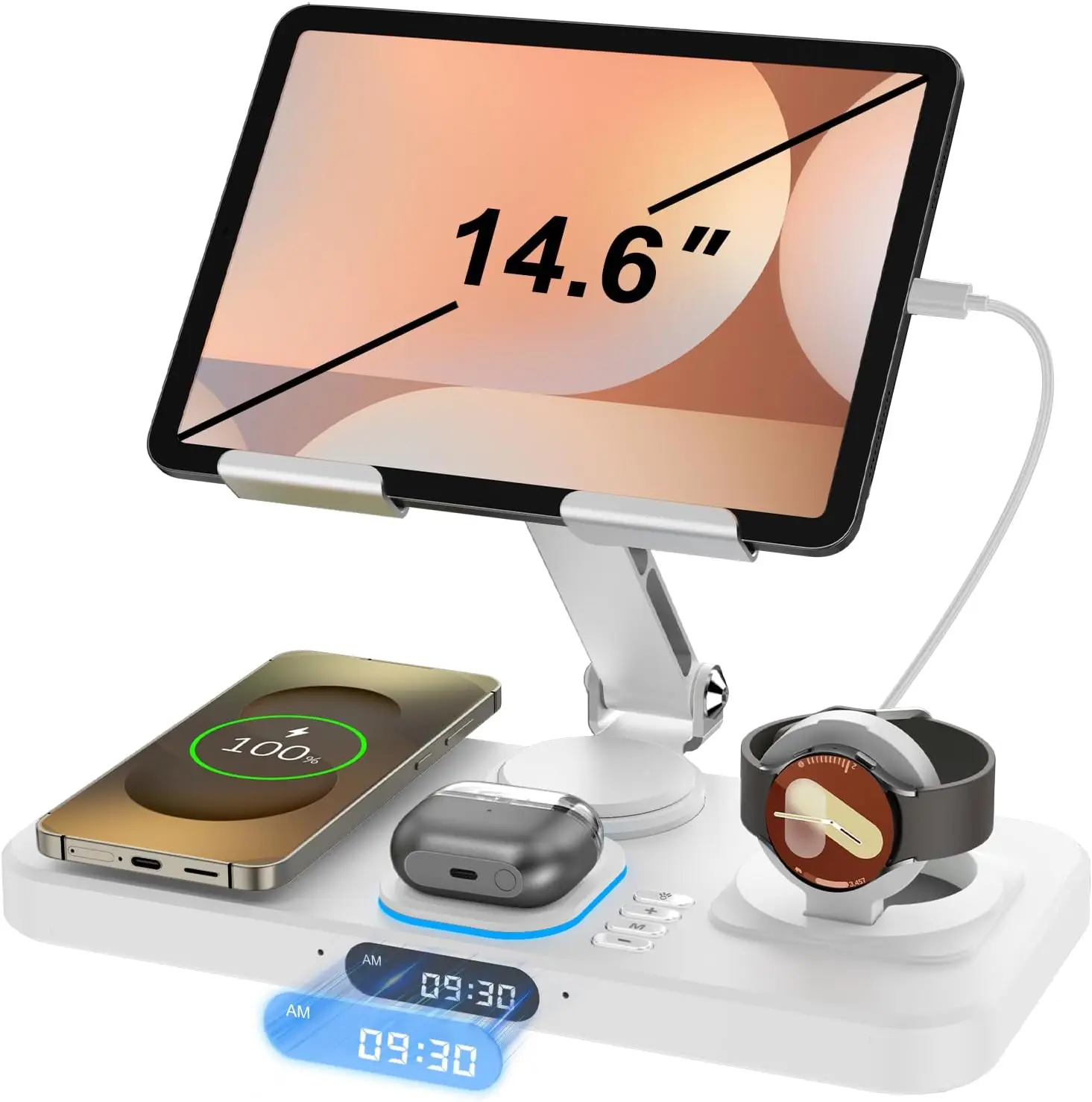 6-in-1 Wireless Charger for Apple (iPhone/Watch/AirPods/iPad) - with Clock, 7-Color Light, Foldable Rotatable Stand