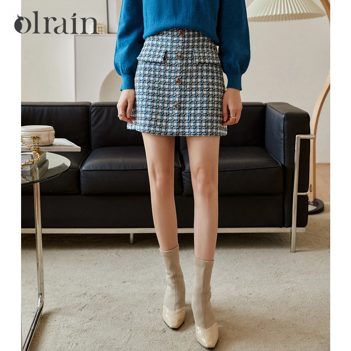 OLrain Women's Plaid Tweed Mini Skirts Autumn A-line Skirts French High Waist Slim Fit Chic Button Ladies Clothing O21QB55220