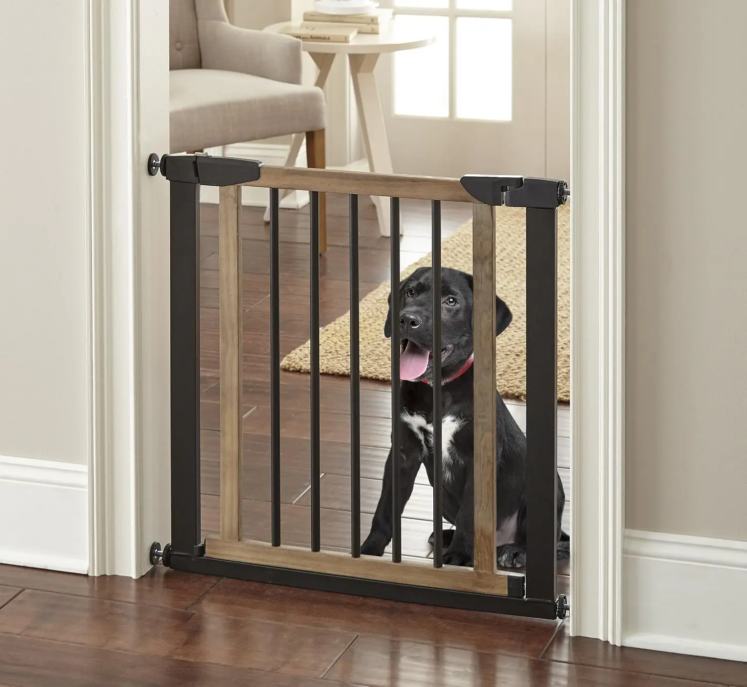 Logan Dog Gate - Indoor Pet Barrier and Wooden Dog Gate with Walk Through Swinging Door - Pressure Mounted for Walls and Stairs