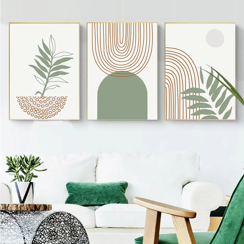 Abstract Rainbow Arch BohoPoster, Green Lines Canvas Painting, Natural Leaves Art Print, Nordic Wall Picture, Living Room Decor