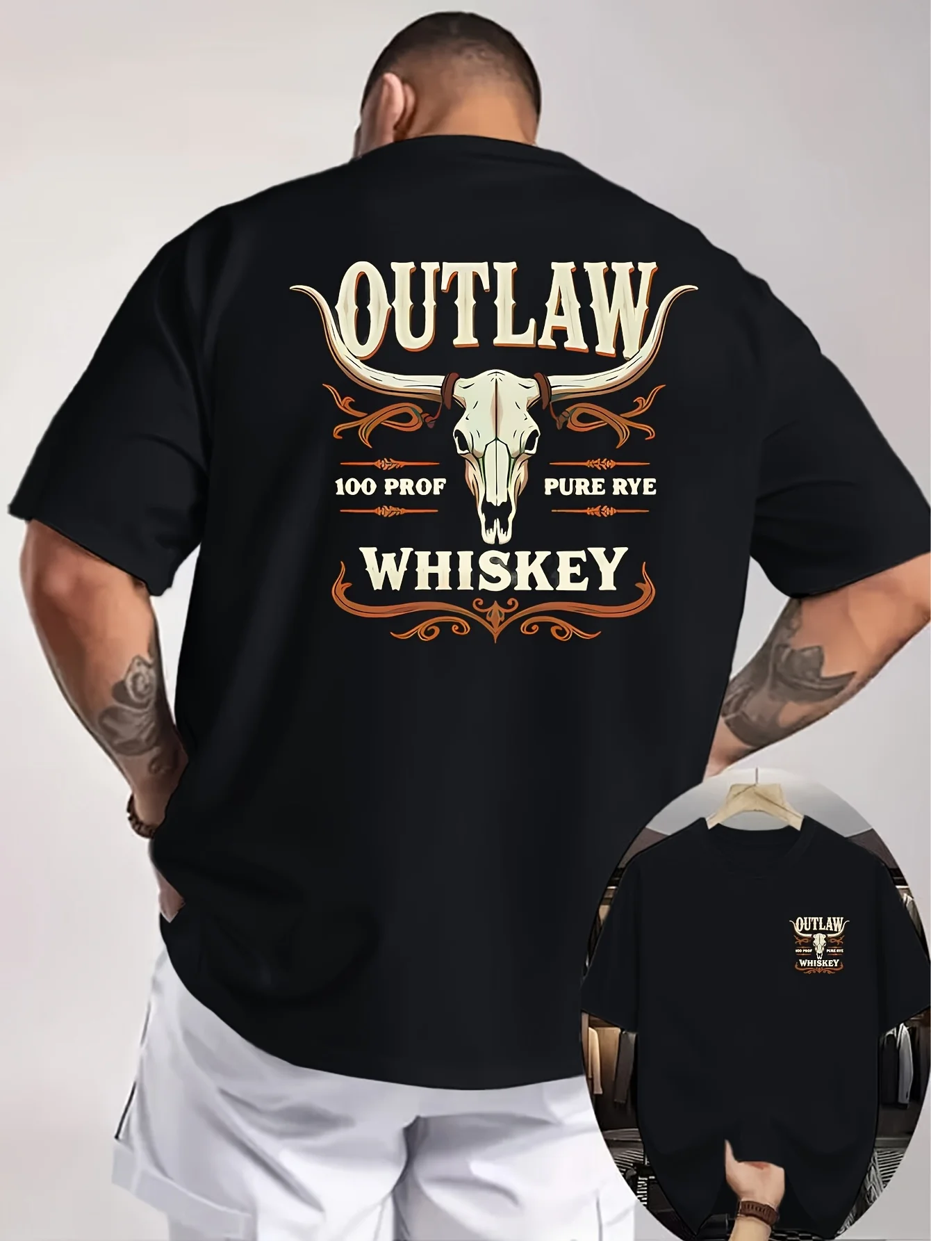 Western Outlaw Whiskey Bull Skull Graphic Tee for Men Breathable 100% Cotton Perfect for Summer Streetwear and Retro Cowboy Vibe