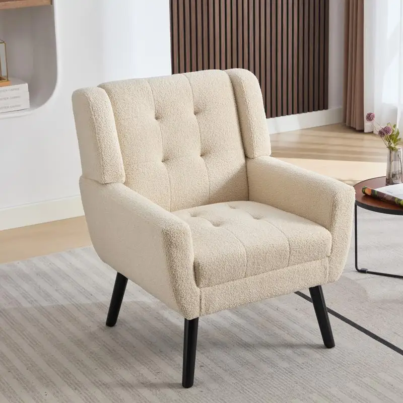 Modern Soft Teddy Fabric Ergonomic Accent Chair for Living Room, Bedroom, Home with Black Legs - Indoor Use