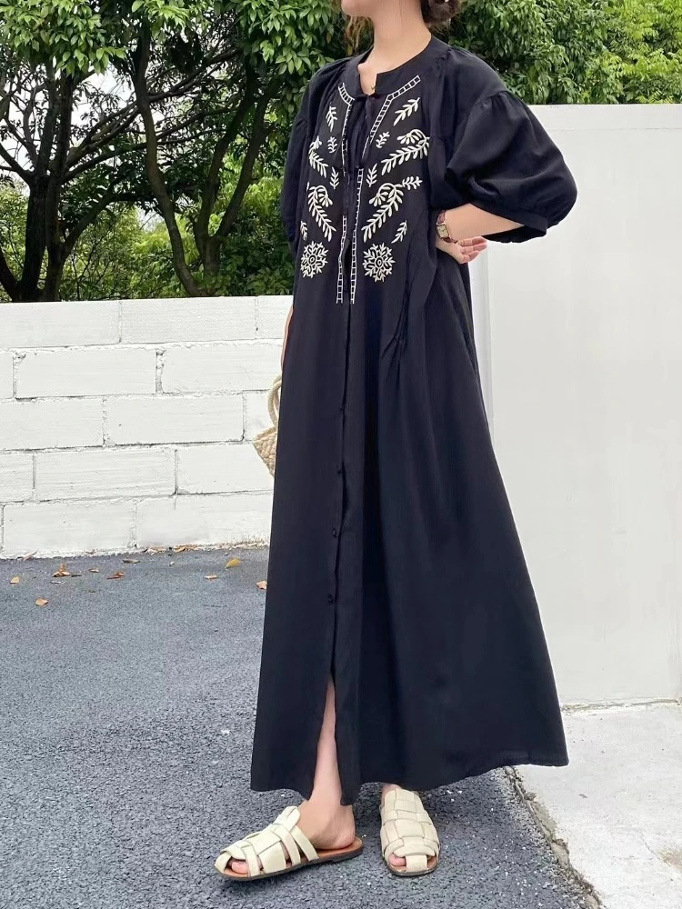 Luxury Court Style Buttons-down Embroidered Dress for Women Half Sleeves Casual Loose Fairy Long Dresses Boho Maxi Dresses