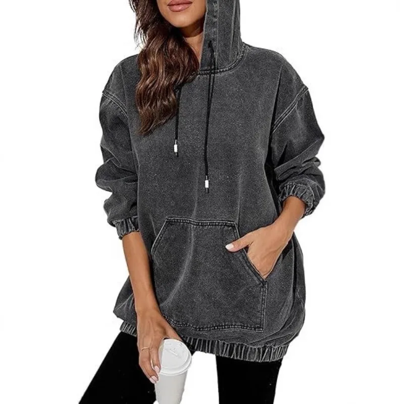 

Autumn Winter Loose Fit Denim Women Hoodie Sweatshirt Washed Out Jacket Retro Style Cotton Women's Casual Streetwear