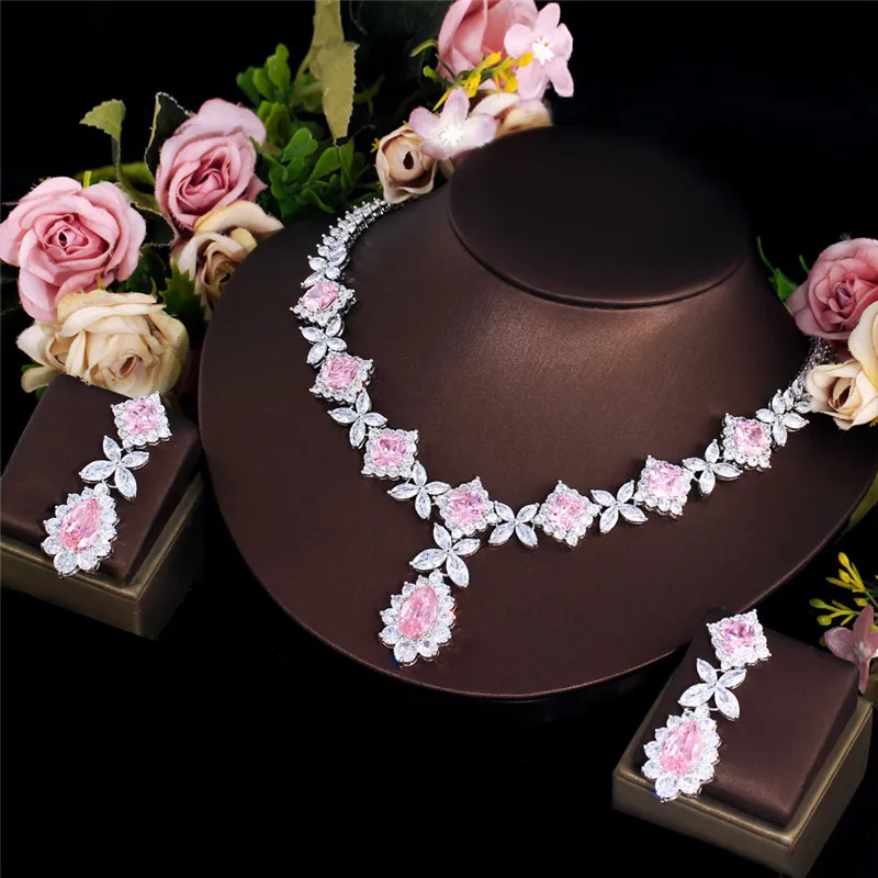 CC Jewelry Set for Women Wedding Accessories Engagement Bijoux Bridal Necklace Earrings Sets 2 PCS Pink Color Jewellery T0312