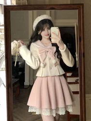 Women y2k Aesthetic 2 Piece Bow Pink Lolita Sets Coquette Shoujo Outfits Cutecore Skirts Gyaru Dresses Kawaii girl Style Clothes