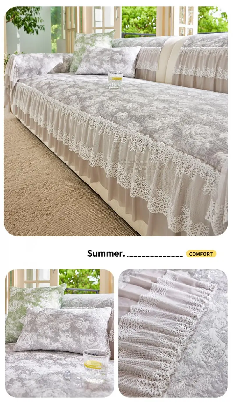 Sommerlicher, hautfreundlicher Sofabezug aus Eisseide mit Spitzenbesatz – Kühlender, atmungsaktiver Strick-Sofa-Sitzbezug – Detail 9