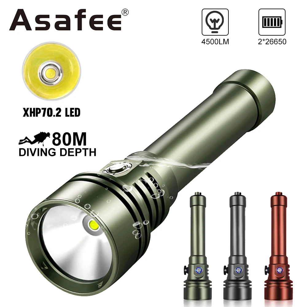 Asafee A30 Professional Diving Flashlight XHP70 4500lm Powerful Light IPX8 Waterproof Underwater 80m Torch Rechargeable Lamp