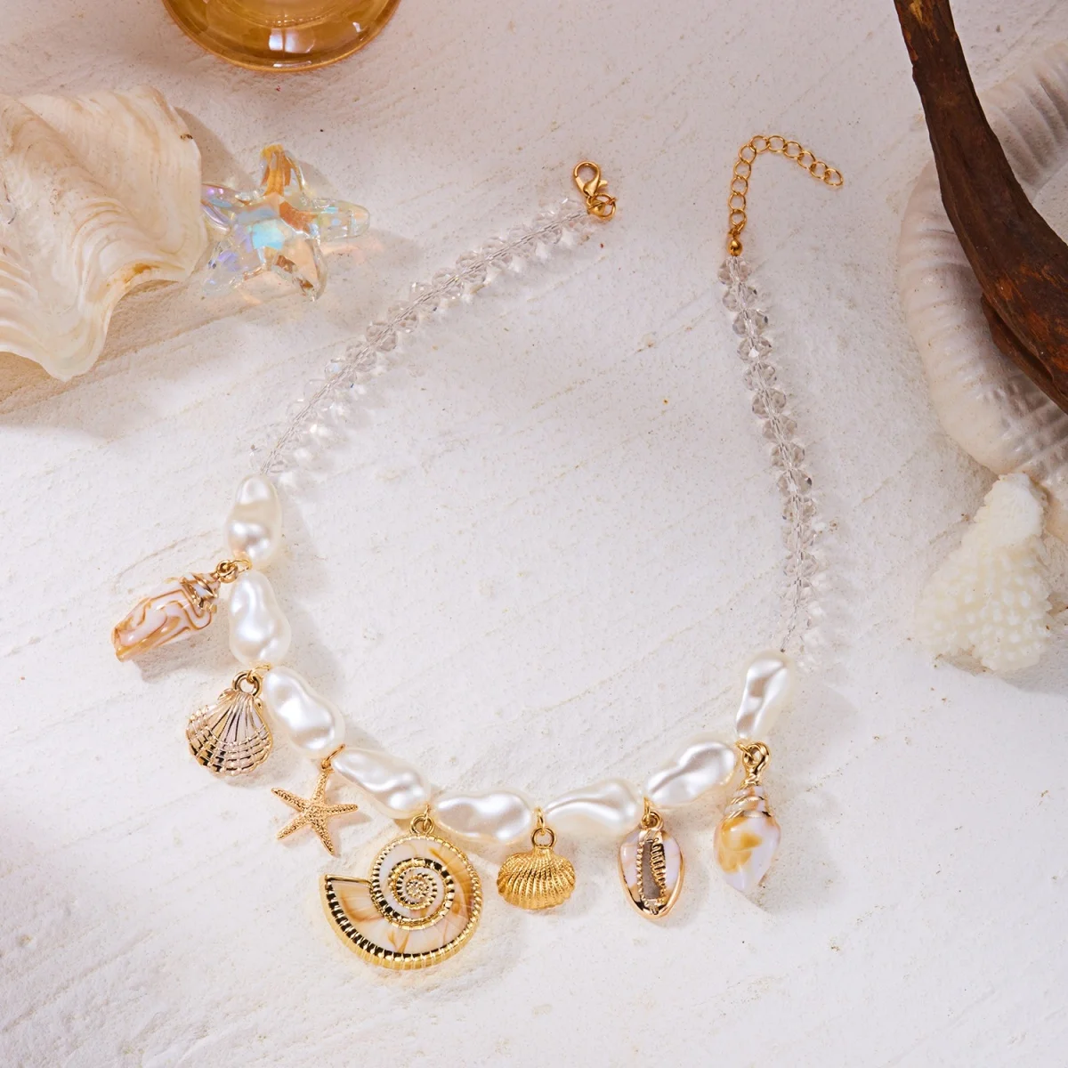 Acryl-Muschel-Seestern-Anhänger-Halskette für Damen und Herren, barocke Imitationsperlen, Kristall, gespleißte Perlen, Choker, Sommerschmuck – Detail 10