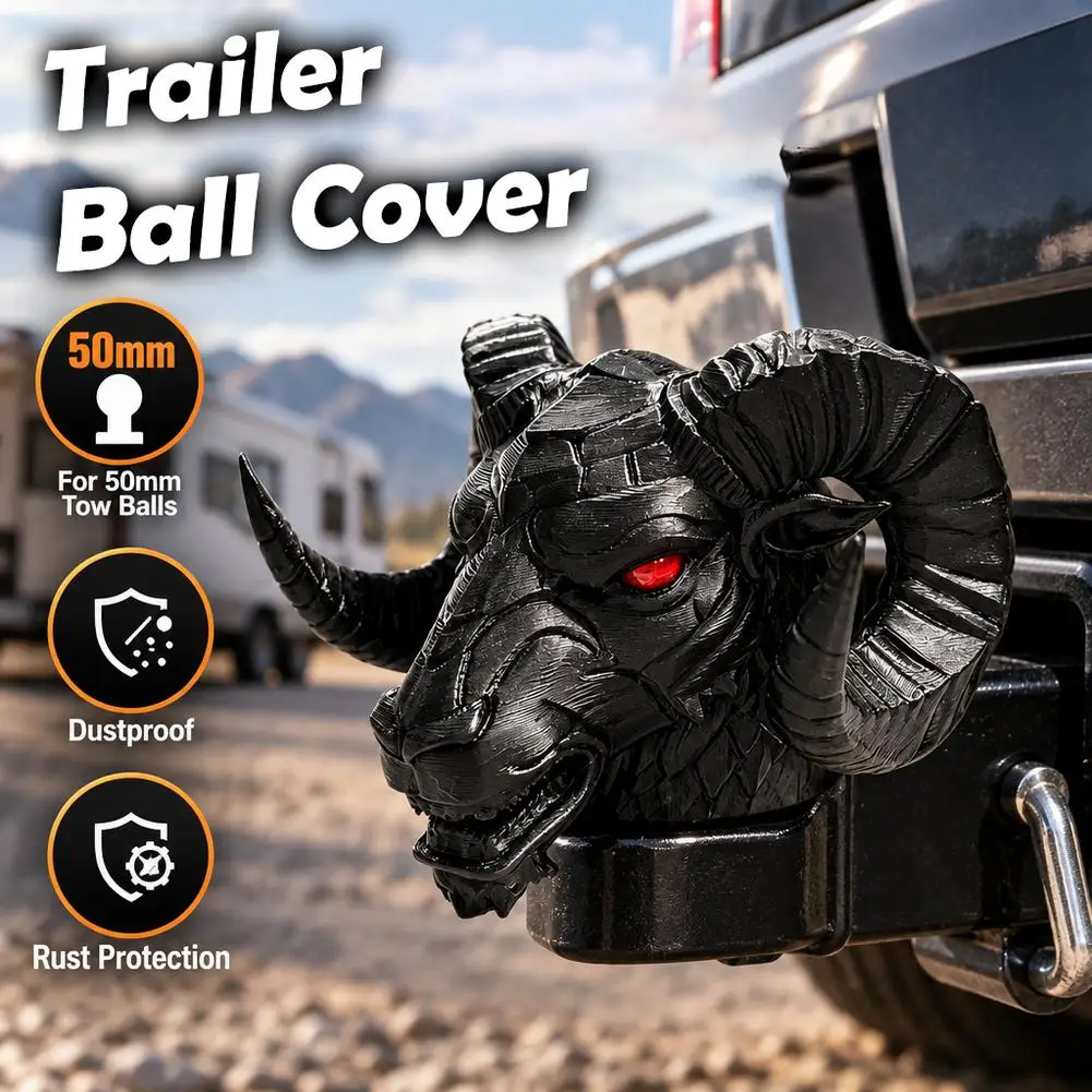 3D Printed Ram Skull Trailer Coupling Cover Cap Black White Bone Design, Trailer Head Hitch Truck Off-road Vehicle Accessories