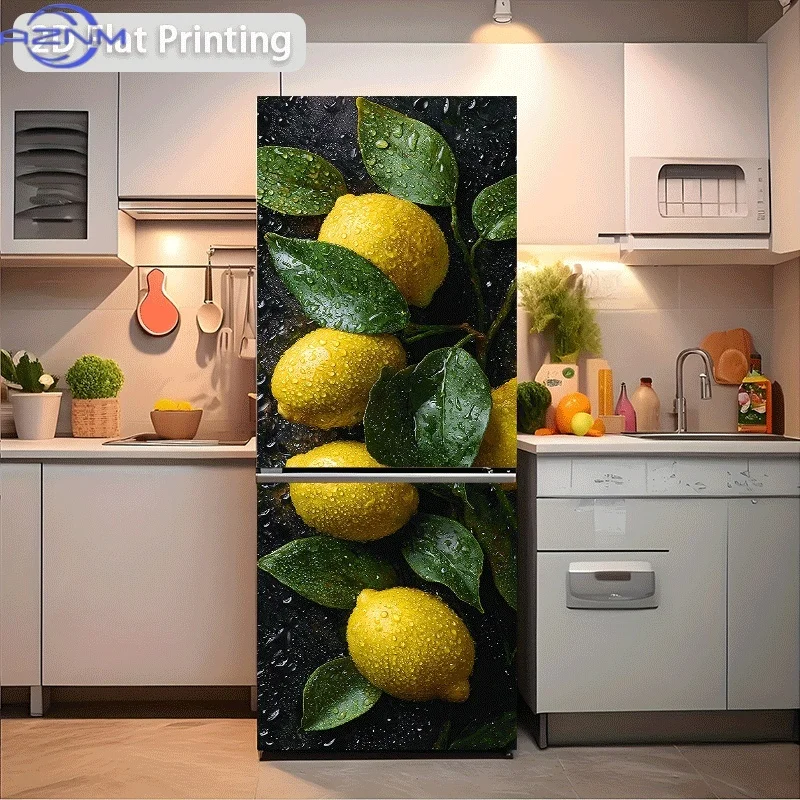 Refrigerator Sticker 60x180cm Lemon with Water Droplets and Green Leaves Themed Scene Wall Decal Self-Adhesive Wallpaper Suita