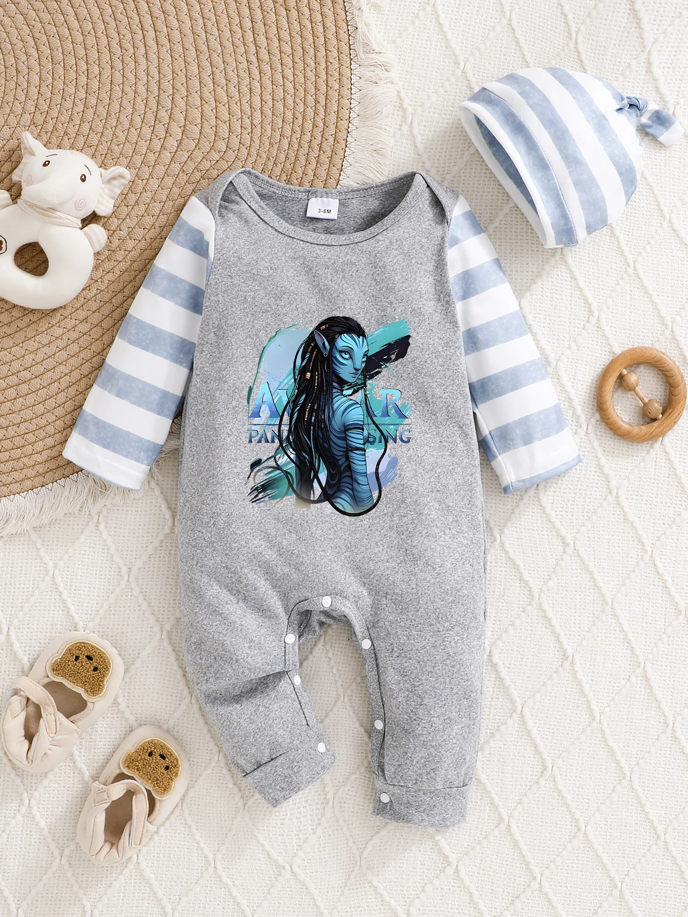 

【Officially Authorized】 Disney Avatar Neytiri Baby Hooded Jumpsuit | Gentle & Snuggly Fabric, Striped Sleeve Design