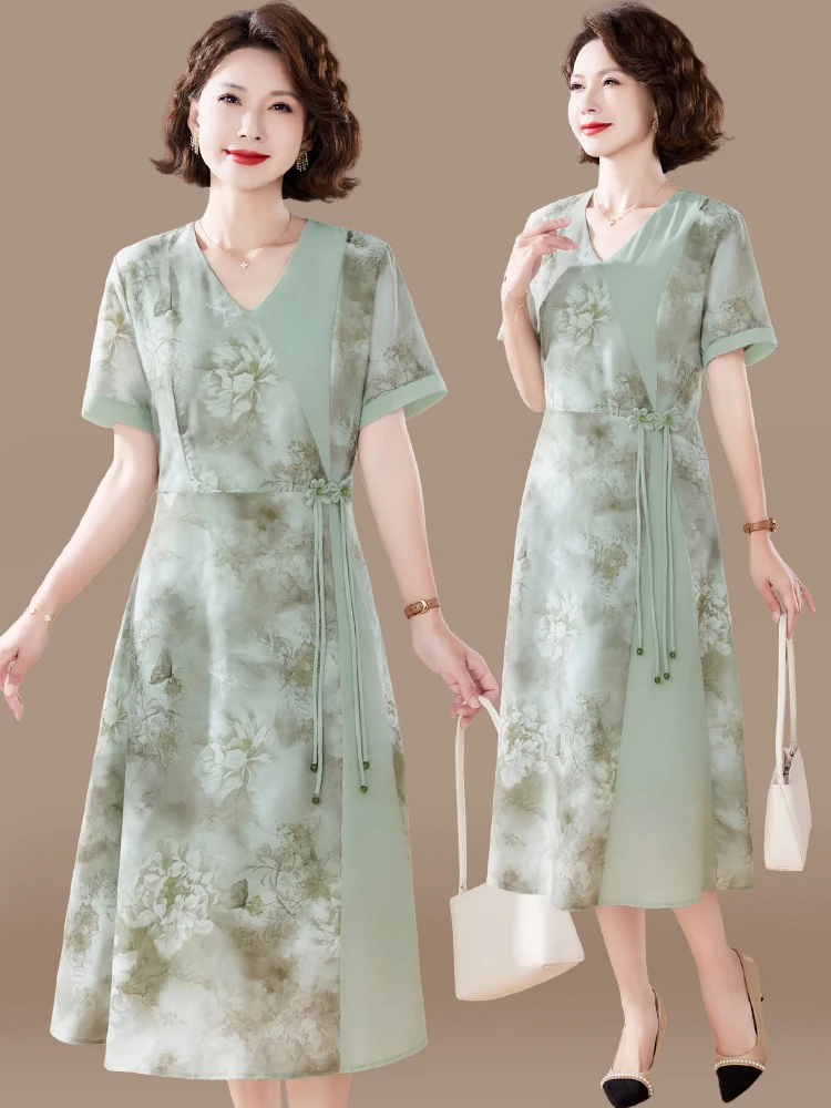 

New Chinese Sle ort Sve Midi Dr Faionable Summer Clothing for Women over 40 V-Ne Floral Print Loose Fit Dr