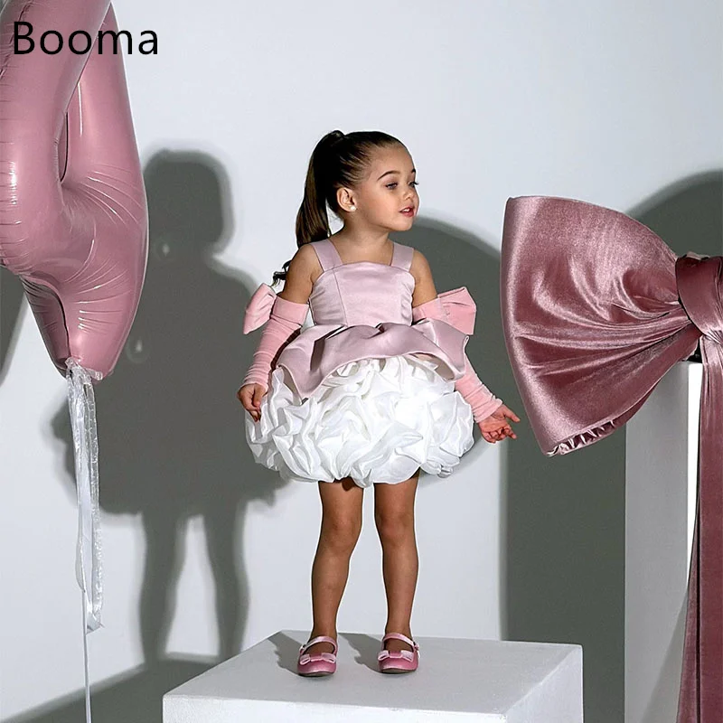 Booma Flowers Girl Dresses Pleat Tulle Spaghetti Strap Sleeveless Wedding Party Dress for Kids Girls Prom Gowns Customized