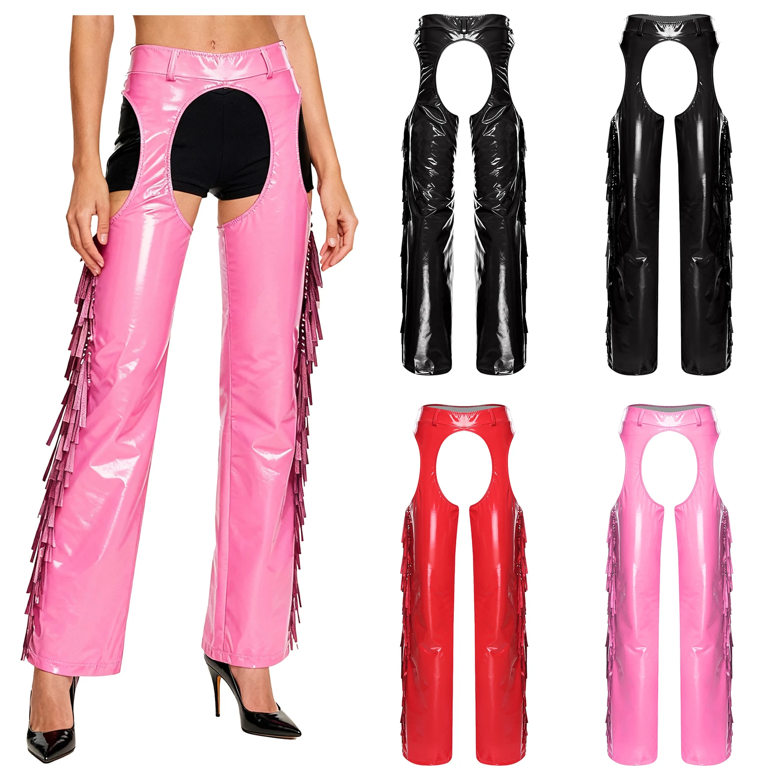 กางเกงขายาวผู้หญิงแบบมันเงา ช่วงเป้าและต้นขาเว้า แต่งพู่ระยิบระยับที่ตะเข็บข้าง ทรงขากว้าง เหมาะสำหรับงานปาร์ตี้ คาวเกิร์ล เรฟ และคลับแวร์