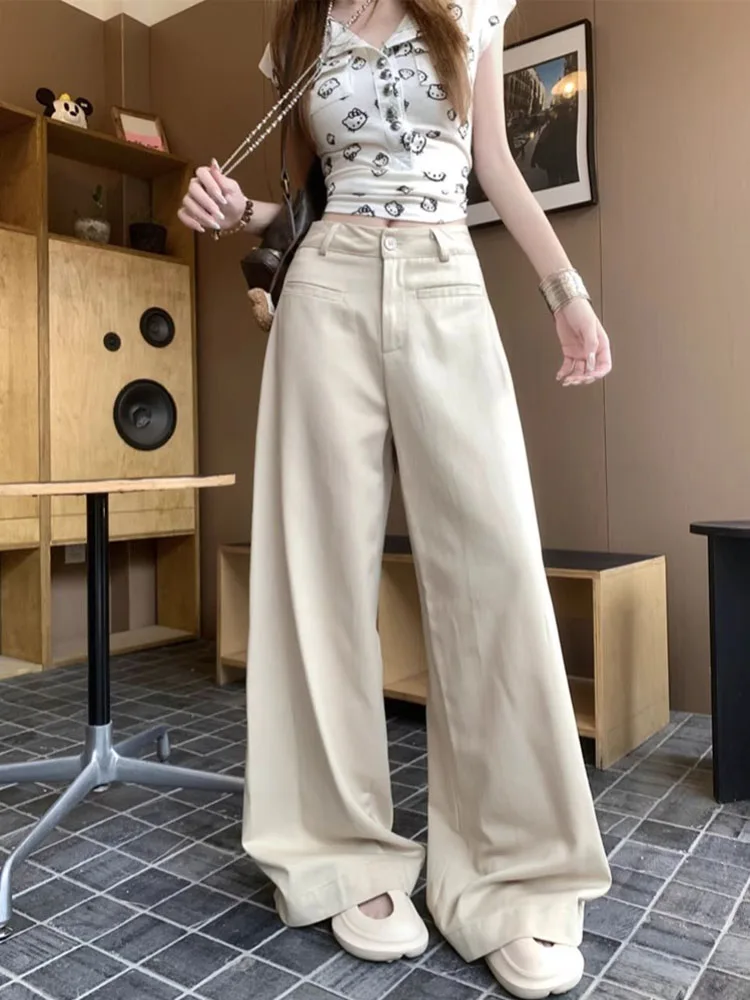 Pantalon polyvalent taille haute pour femmes, ample, jambes larges, kaki, suspendu, décontracté, simple, jambes droites, long, été