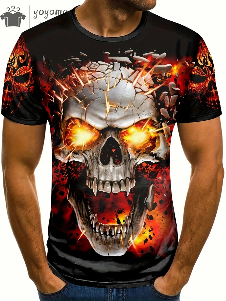 Camiseta com estampa 3D Horror Skull masculina, Decote O, Manga curta, Camisetas extragrandes, Roupa de rua, Moda vintage, Verão