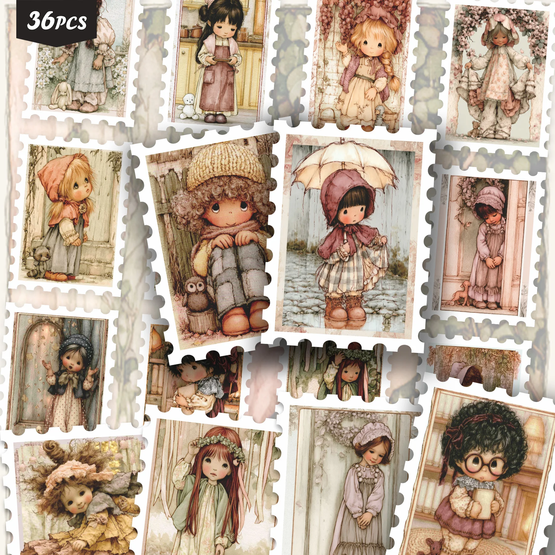 36PCS Nostalgic Vintage Figure Stickers, soft‑styled character motifs, mellow retro aesthetic, ideal for tumblers, for pads and