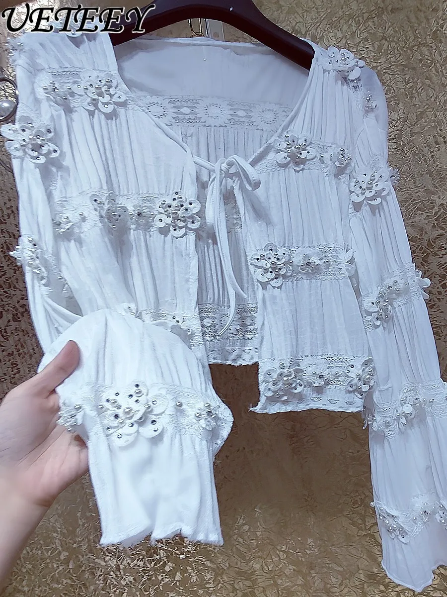 高級重工業ラインストーンフラワーシフォンバブル長袖ショールジャケットスウィートガール多用途レースアップショートコート