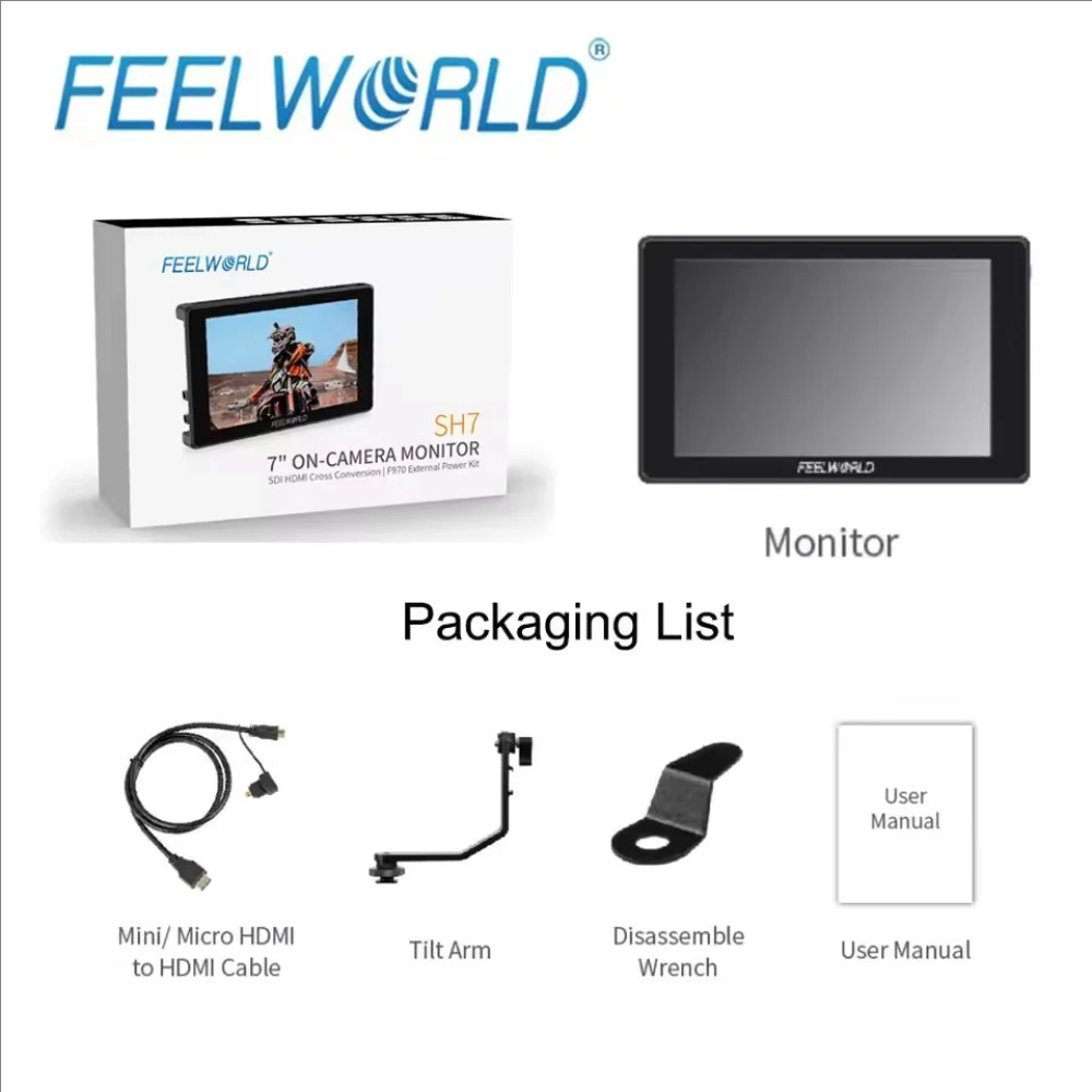 شاشة Feelworld SH7 مقاس 7 بوصات تعمل باللمس 2200nit HDR IPS 160 °   عرض 3D LUT SDI HDMI I/O F970 Power Kit Tilt Stand