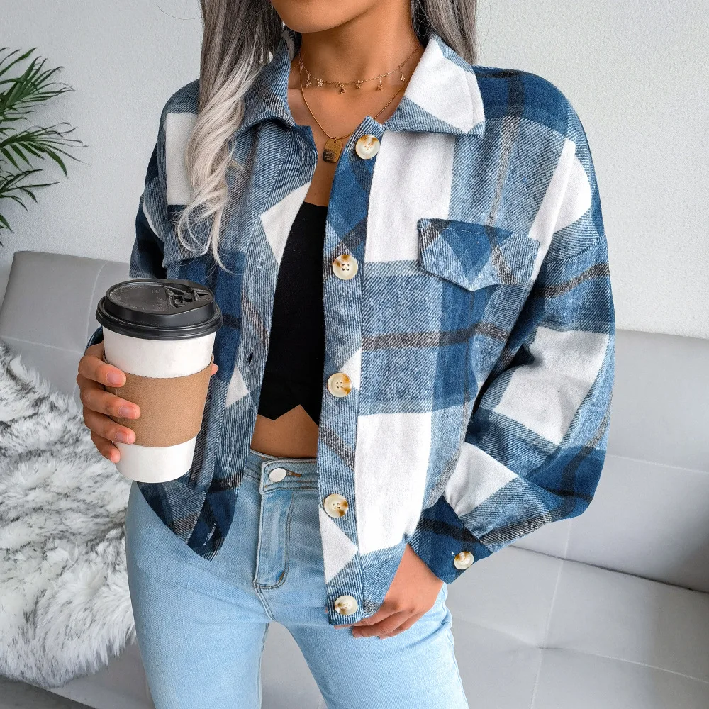 Autumn Winter Women Plaid Woolen Jacket Turn-down Collar Short Top Lantern Sleeve Ladies Casual Fashion Single Breasted Coat