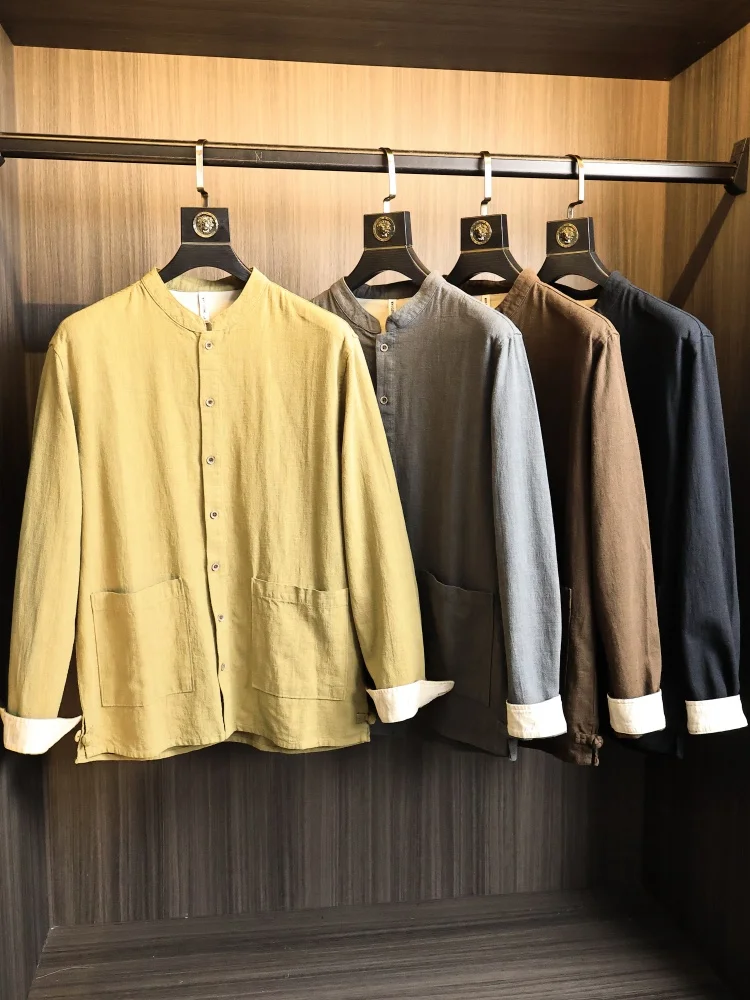 

Men's Pure Color Comfortable Breathable Linen Shirt Henry Collar Spring Fashion Urban Style Long Sleeve Standard Fit Casual Wear